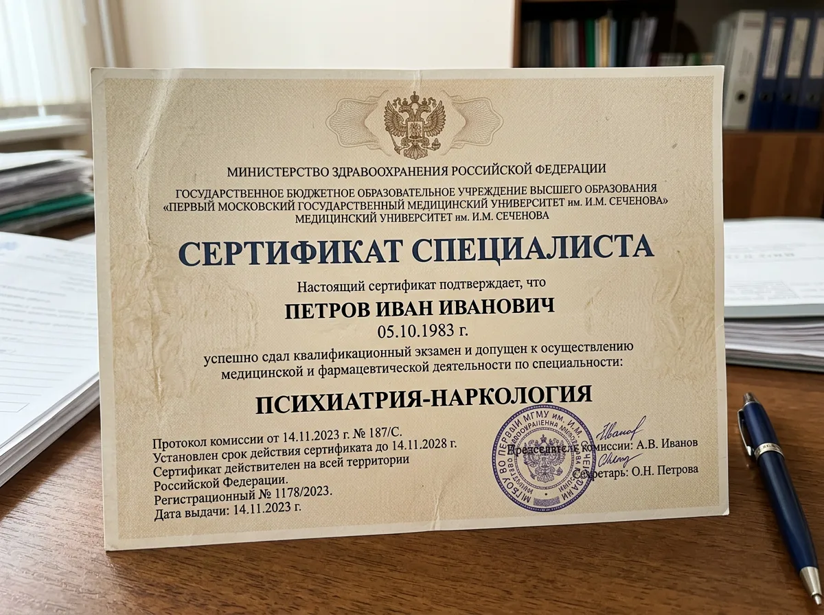 Сертификат специалиста психиатра-нарколога, официальный документ с печатью Министерства здравоохранения РФ