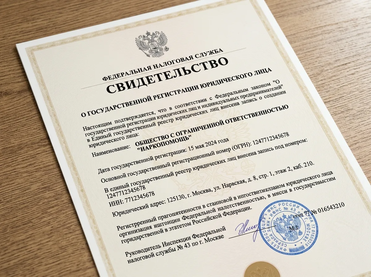 Свидетельство о государственной регистрации юридического лица ООО НаркоПомощь Москва, документ ФНС России