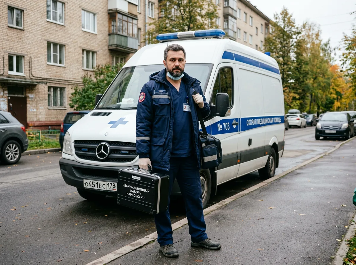 Врач выездной бригады нарколог-анестезиолог, мужчина в медицинской форме с чемоданчиком, готов к выезду на дом